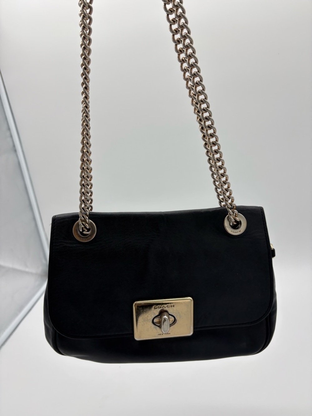 Coach Cassidy Black Leather Turnlock Shoulder Bag with Gold Chain